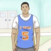 Iført en basketballtrøje