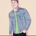 Iført en denimjakke