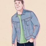 Iført en denimjakke