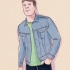 Iført en denimjakke